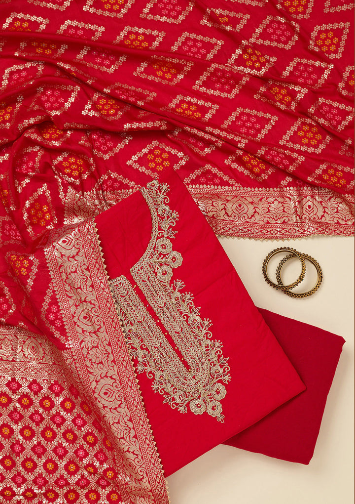 Red Zariwork (Gold) Chanderi Unstitched Salwar Suit