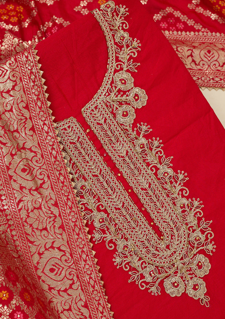 Red Zariwork (Gold) Chanderi Unstitched Salwar Suit