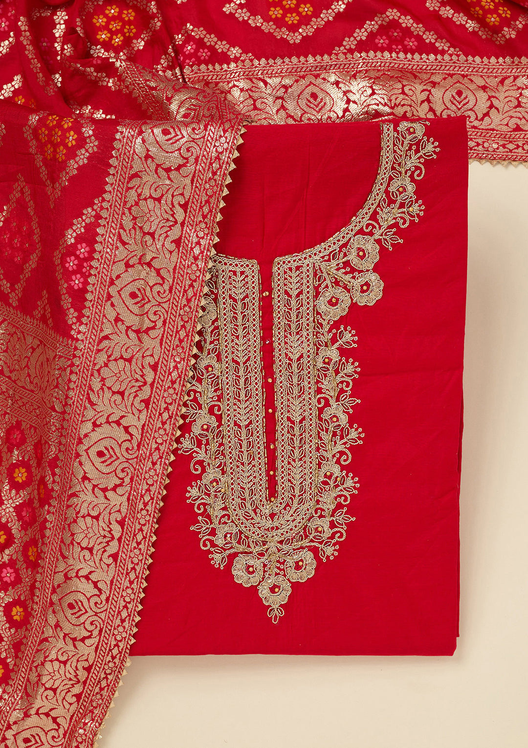 Red Zariwork (Gold) Chanderi Unstitched Salwar Suit
