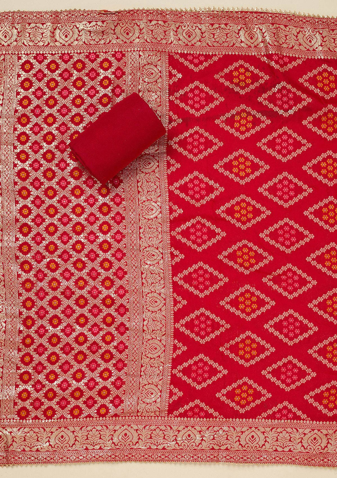 Red Zariwork (Gold) Chanderi Unstitched Salwar Suit