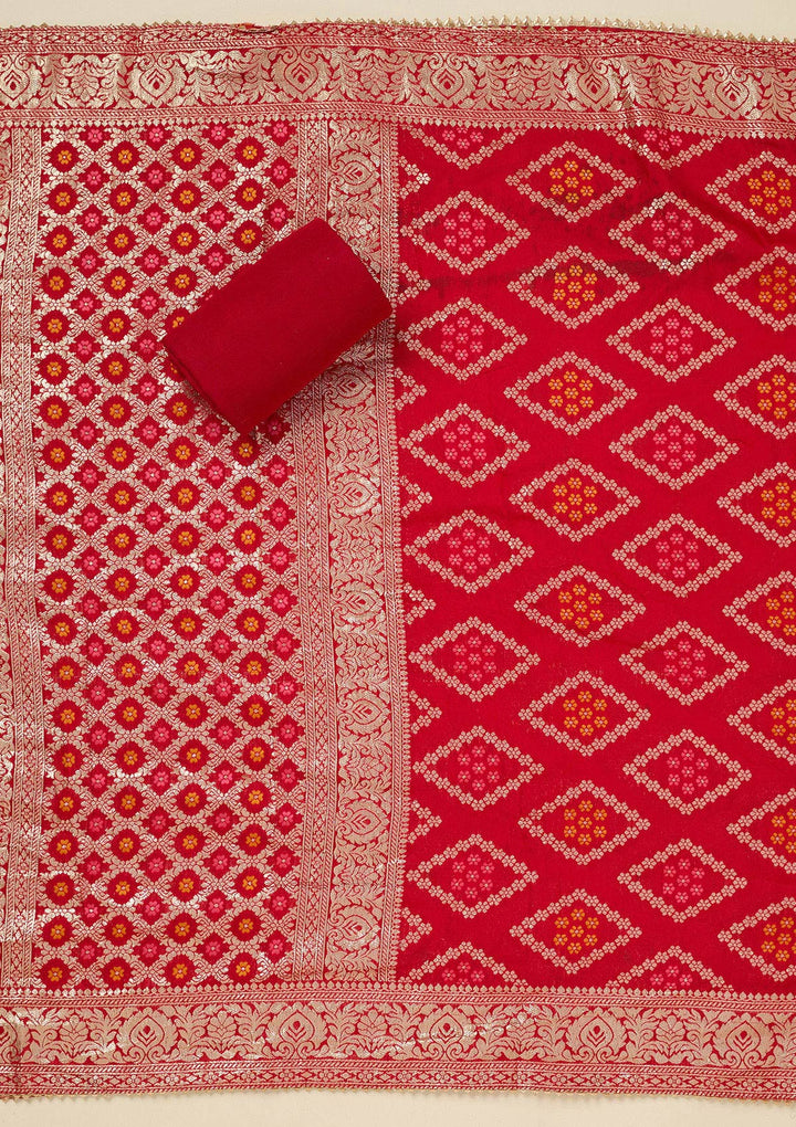 Red Zariwork (Gold) Chanderi Unstitched Salwar Suit