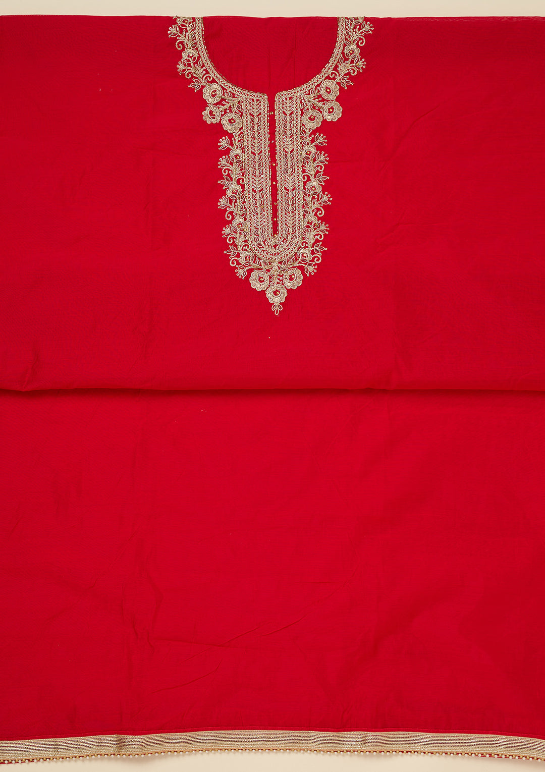 Red Zariwork (Gold) Chanderi Unstitched Salwar Suit