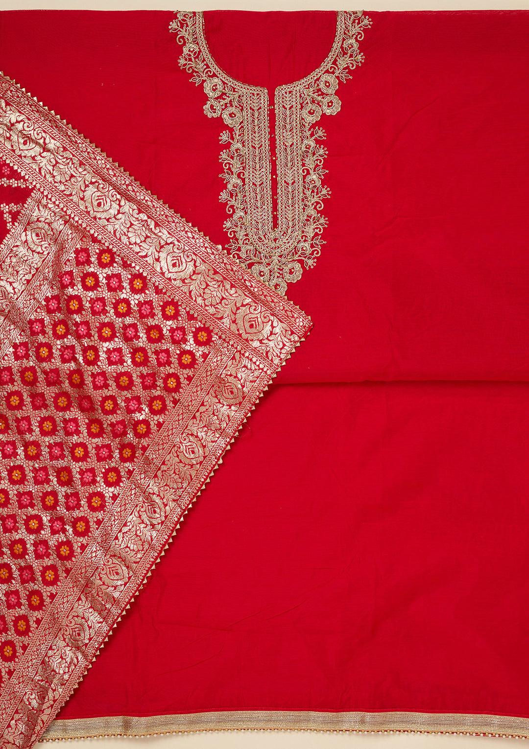 Red Zariwork (Gold) Chanderi Unstitched Salwar Suit