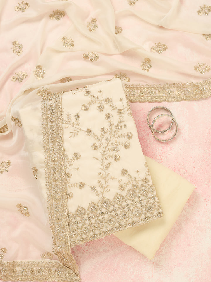 Off White Zardozi (Silver) Semi Crepe Unstitched Salwar Suit