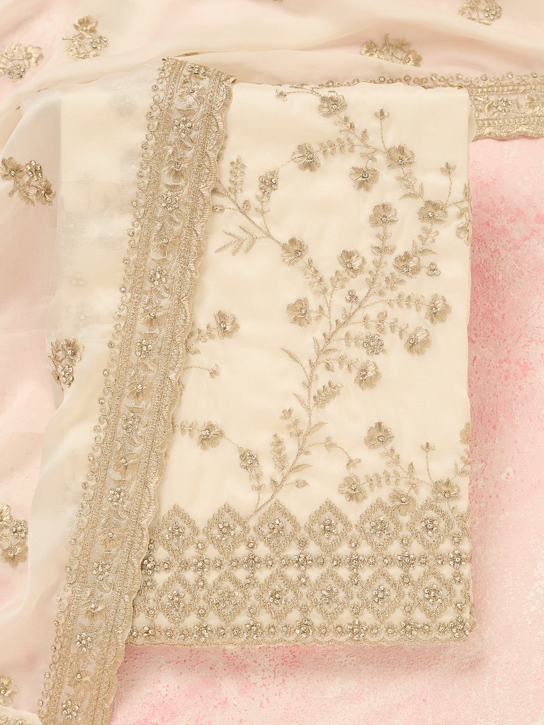 Off White Zardozi (Silver) Semi Crepe Unstitched Salwar Suit