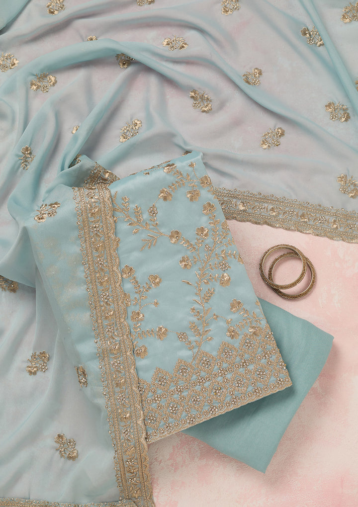 Sky Blue Zardozi (Silver) Semi Crepe Unstitched Salwar Suit