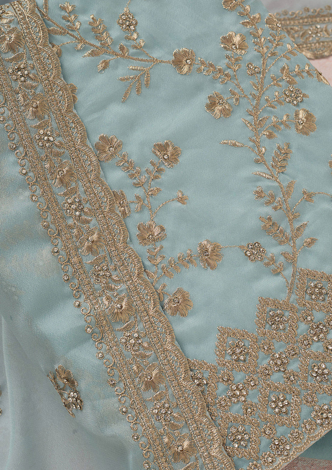 Sky Blue Zardozi (Silver) Semi Crepe Unstitched Salwar Suit