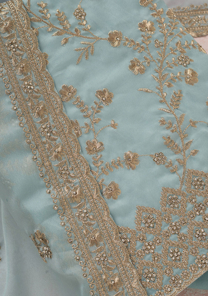Sky Blue Zardozi (Silver) Semi Crepe Unstitched Salwar Suit