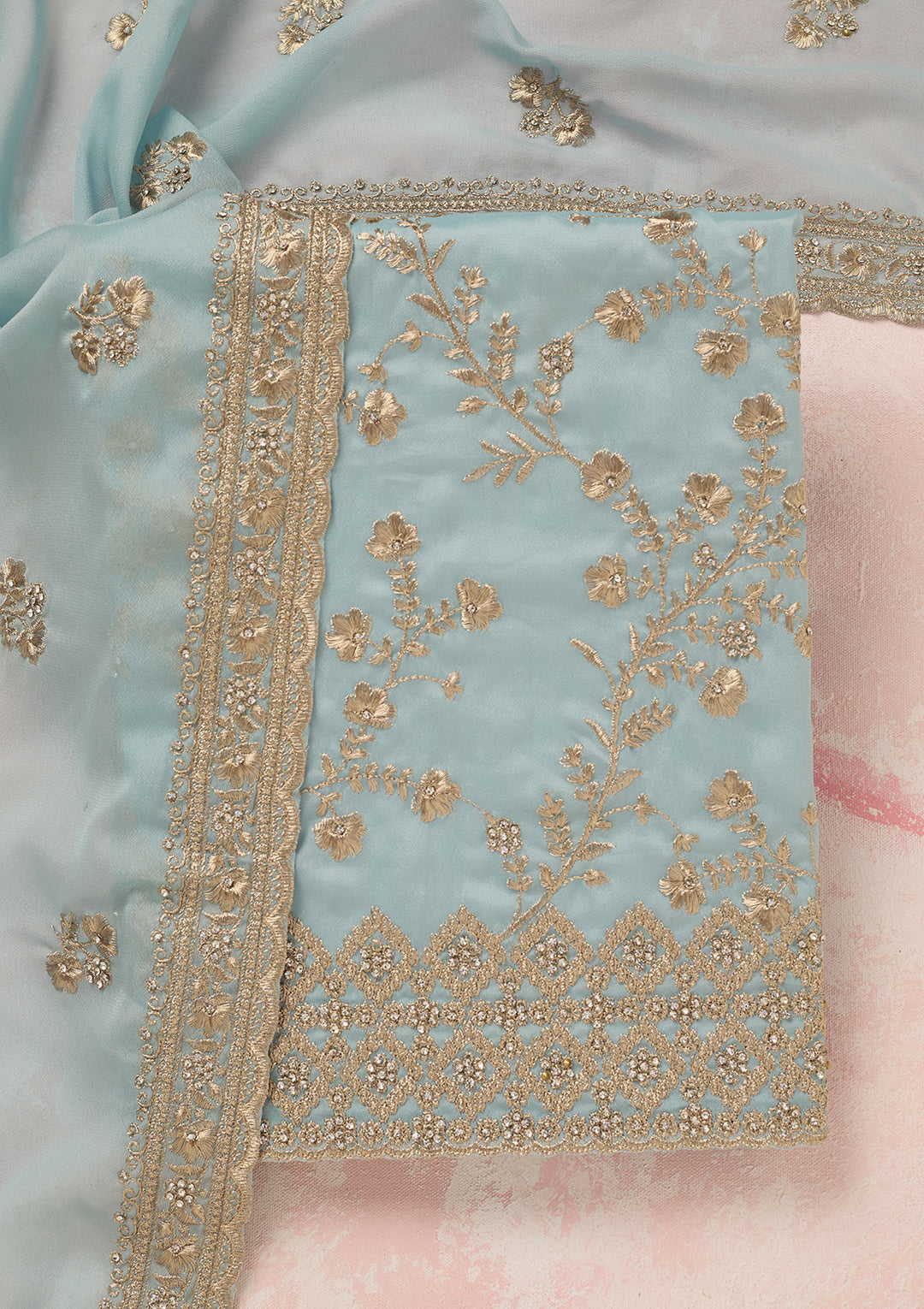 Sky Blue Zardozi (Silver) Semi Crepe Unstitched Salwar Suit