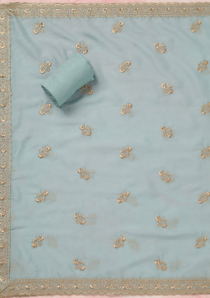 Sky Blue Zardozi (Silver) Semi Crepe Unstitched Salwar Suit