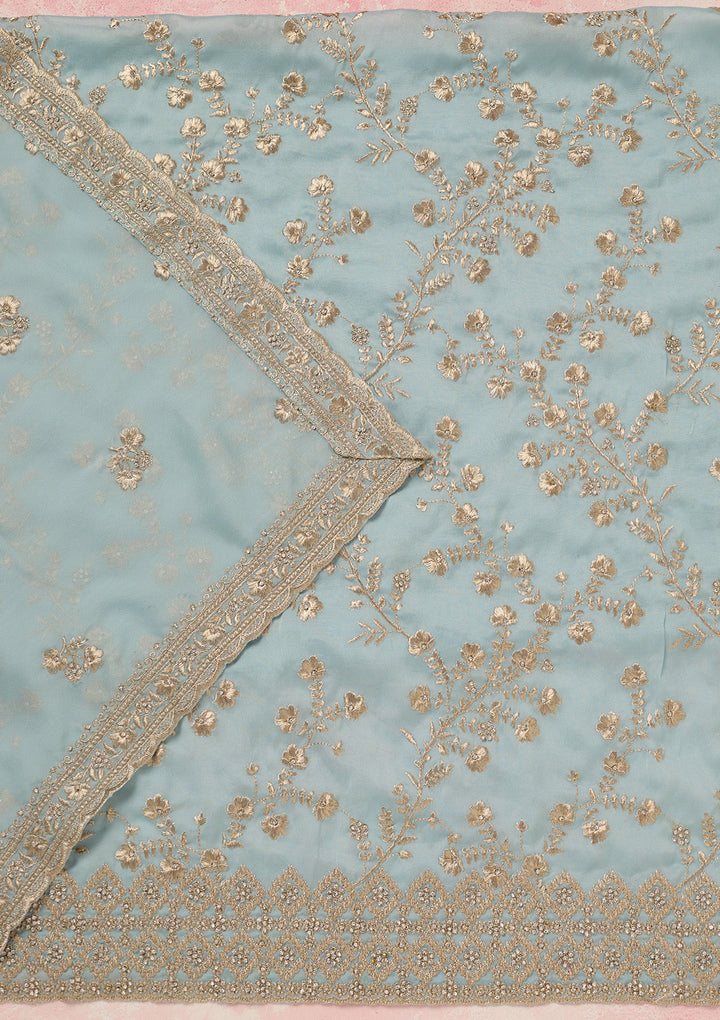 Sky Blue Zardozi (Silver) Semi Crepe Unstitched Salwar Suit