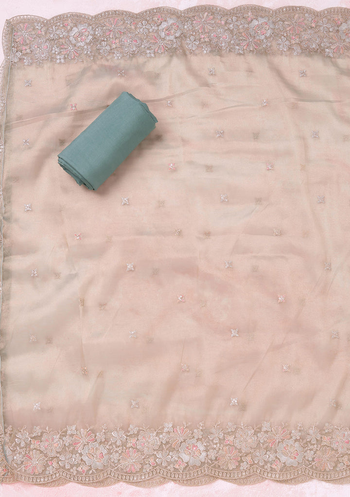 Turquoise Blue Zariwork (Gold) Tissue Unstitched Salwar Suit