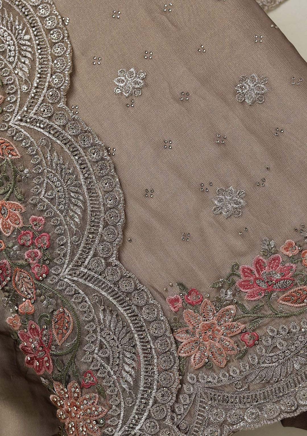 Light Brown Threadwork Tissue Unstitched Salwar Suit