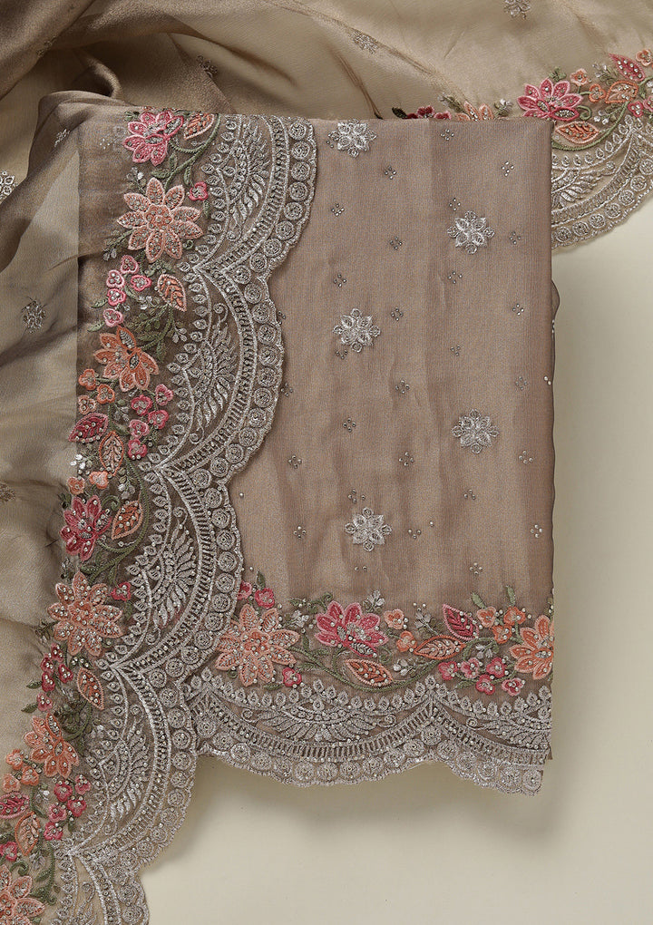 Light Brown Threadwork Tissue Unstitched Salwar Suit
