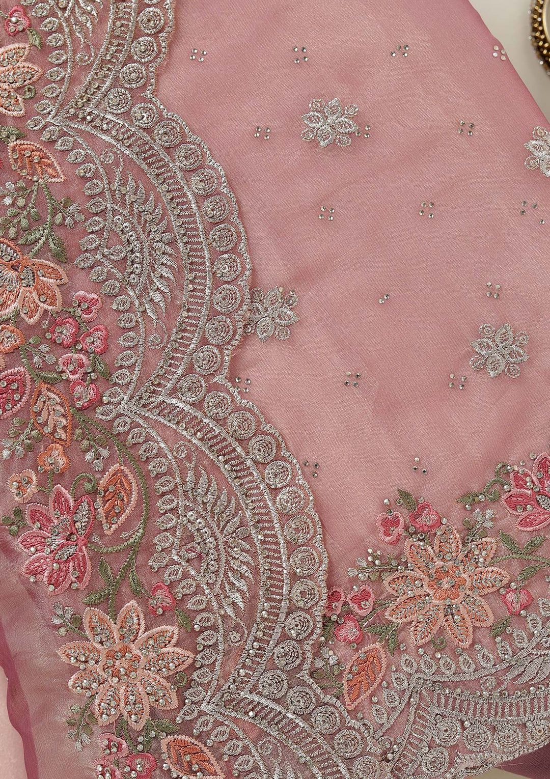 Onion Pink Threadwork Tissue Unstitched Salwar Suit