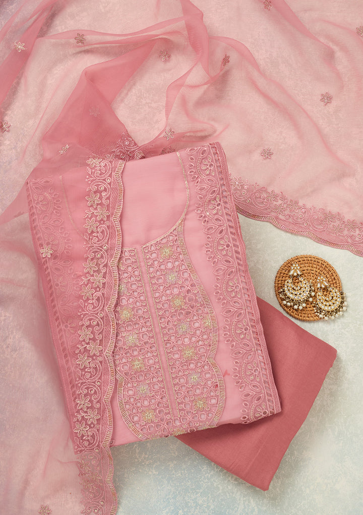 Pink Threadwork Tissue Unstitched Salwar Suit