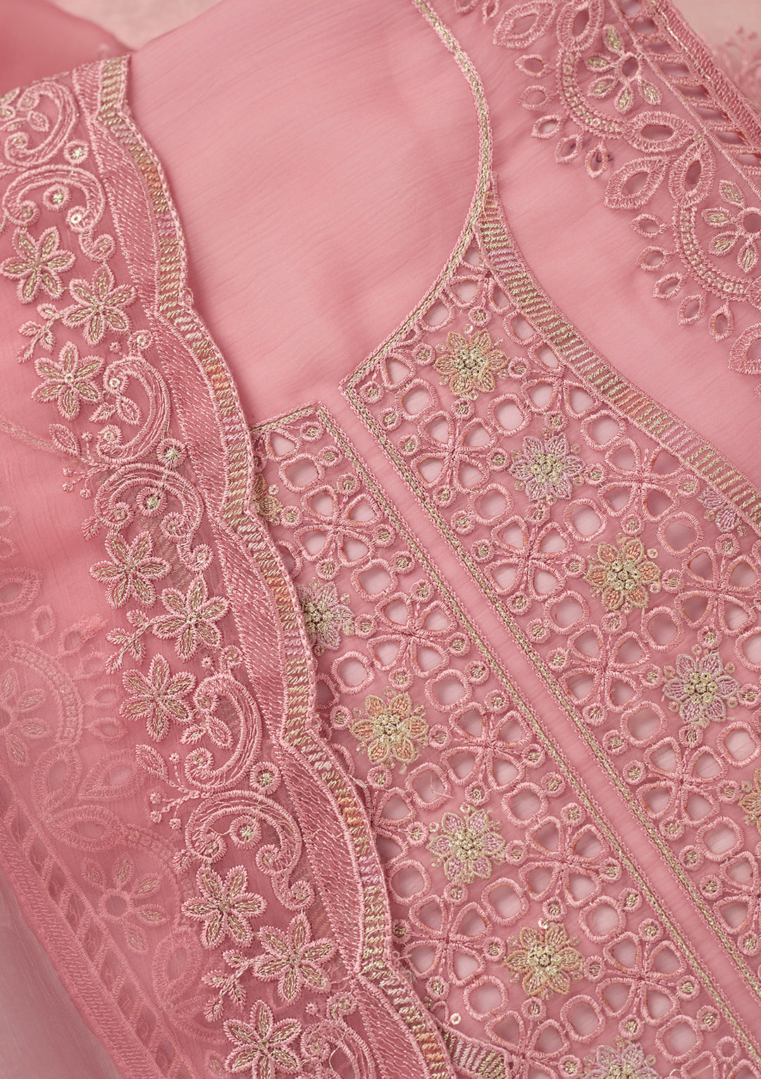 Pink Threadwork Tissue Unstitched Salwar Suit