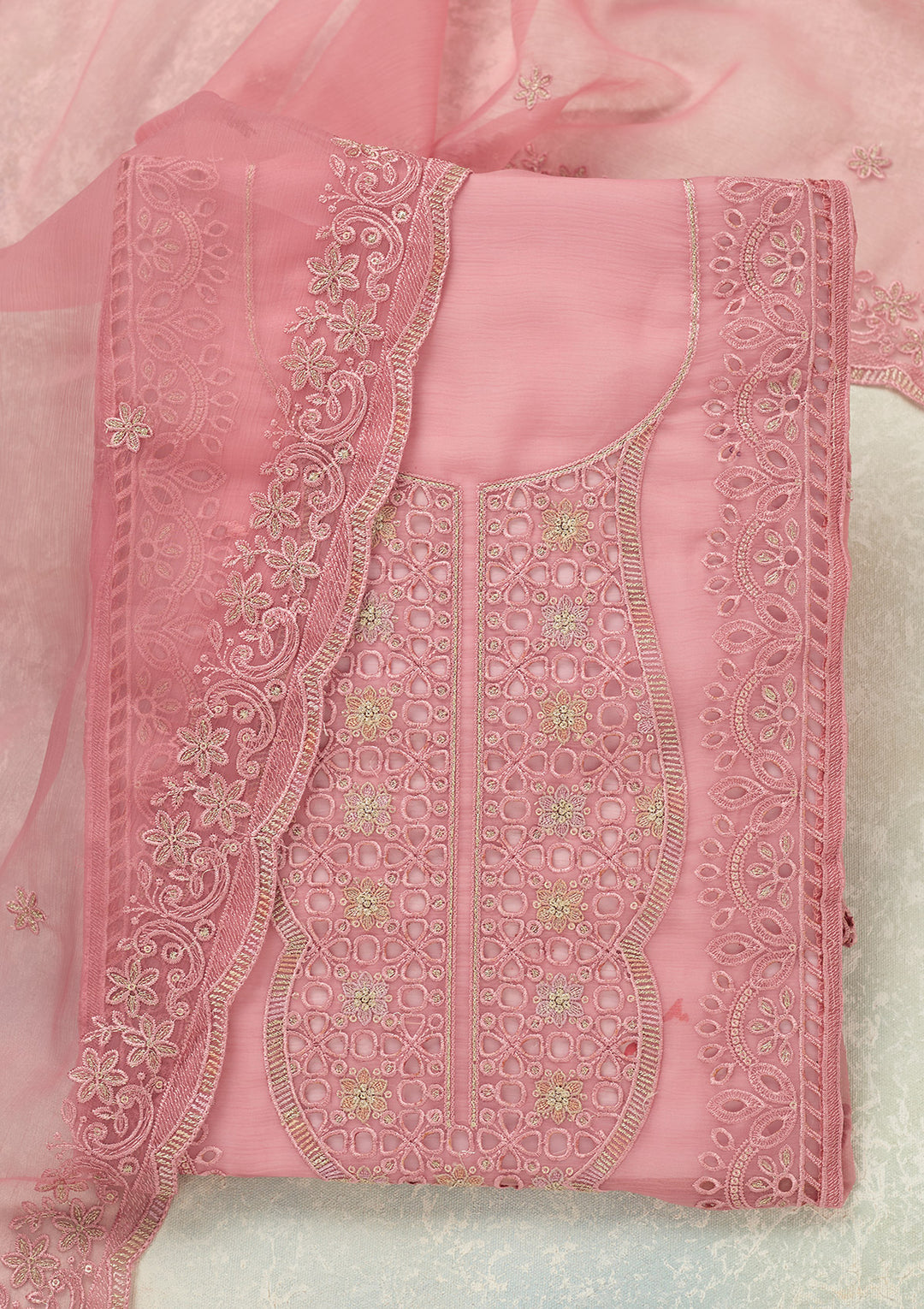 Pink Threadwork Tissue Unstitched Salwar Suit