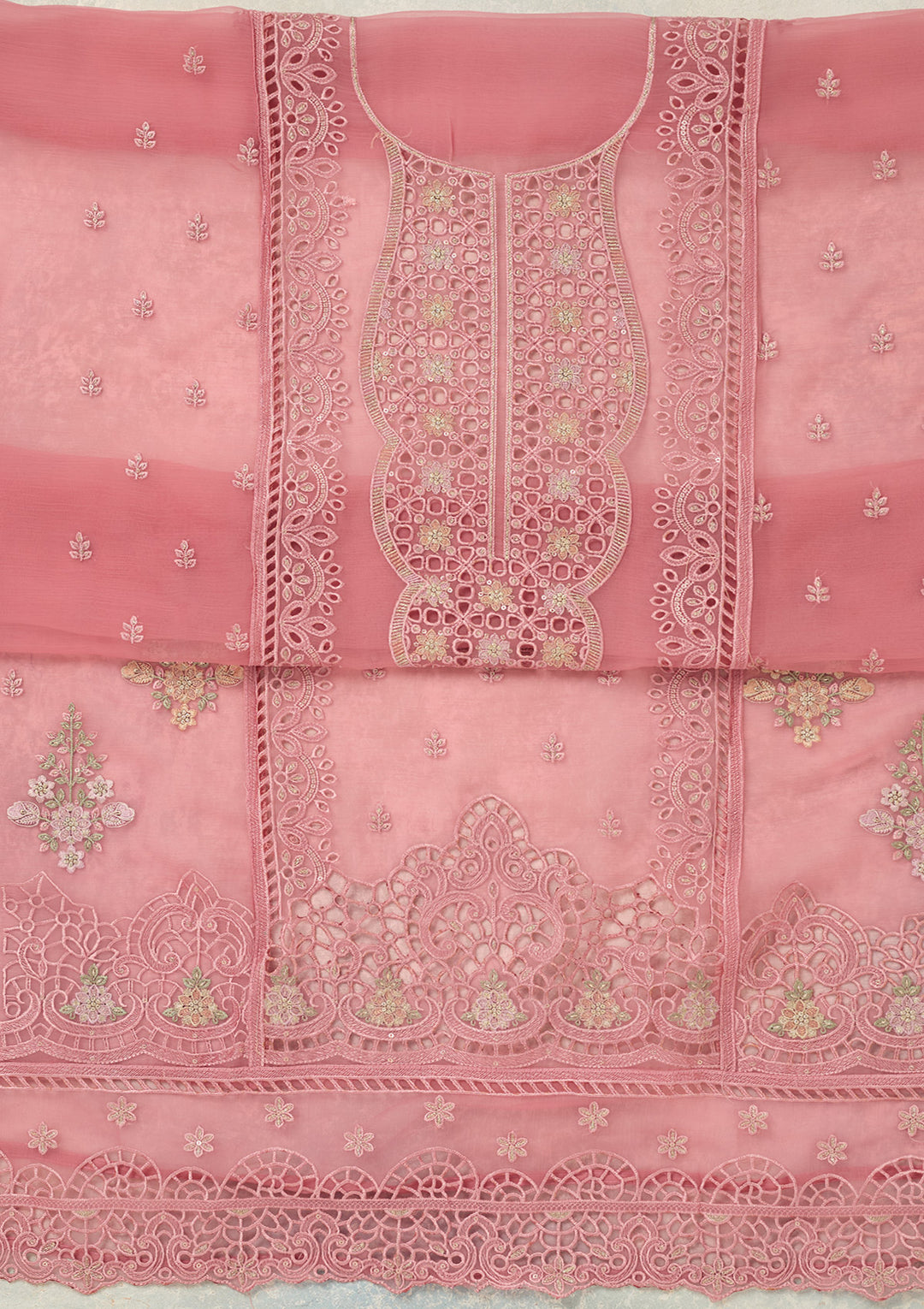 Pink Threadwork Tissue Unstitched Salwar Suit