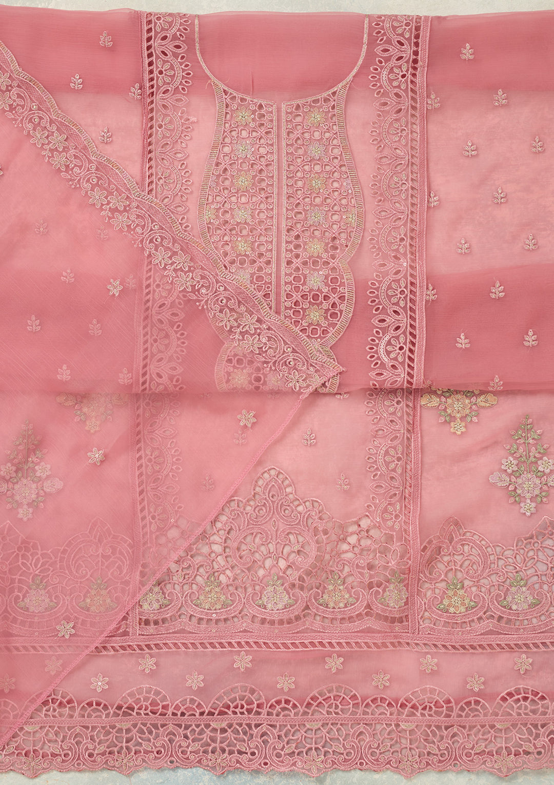 Pink Threadwork Tissue Unstitched Salwar Suit