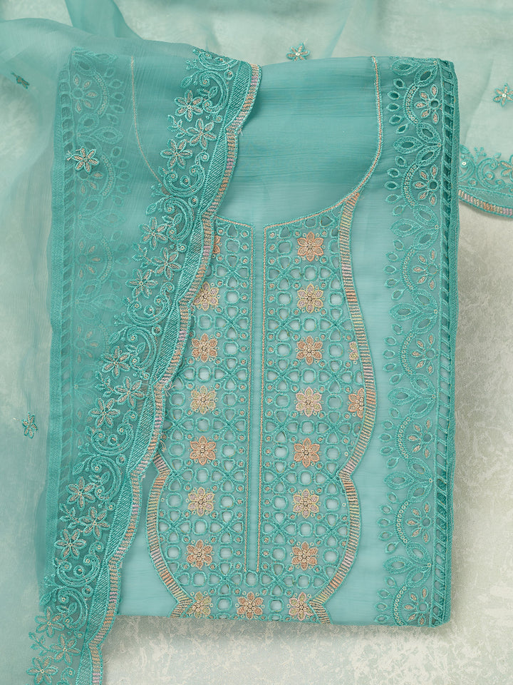 Sea Green Threadwork Tissue Unstitched Salwar Suit