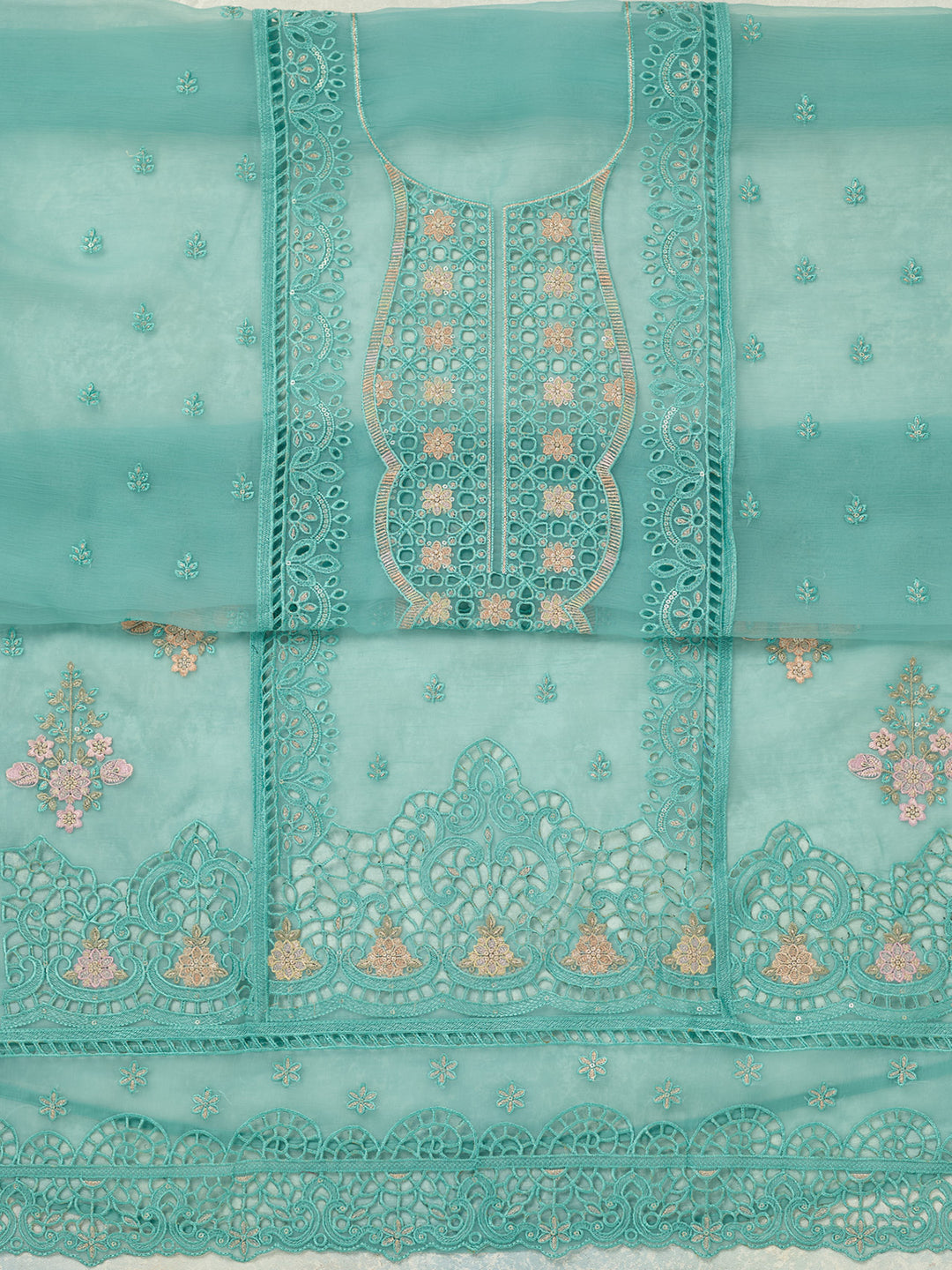 Sea Green Threadwork Tissue Unstitched Salwar Suit