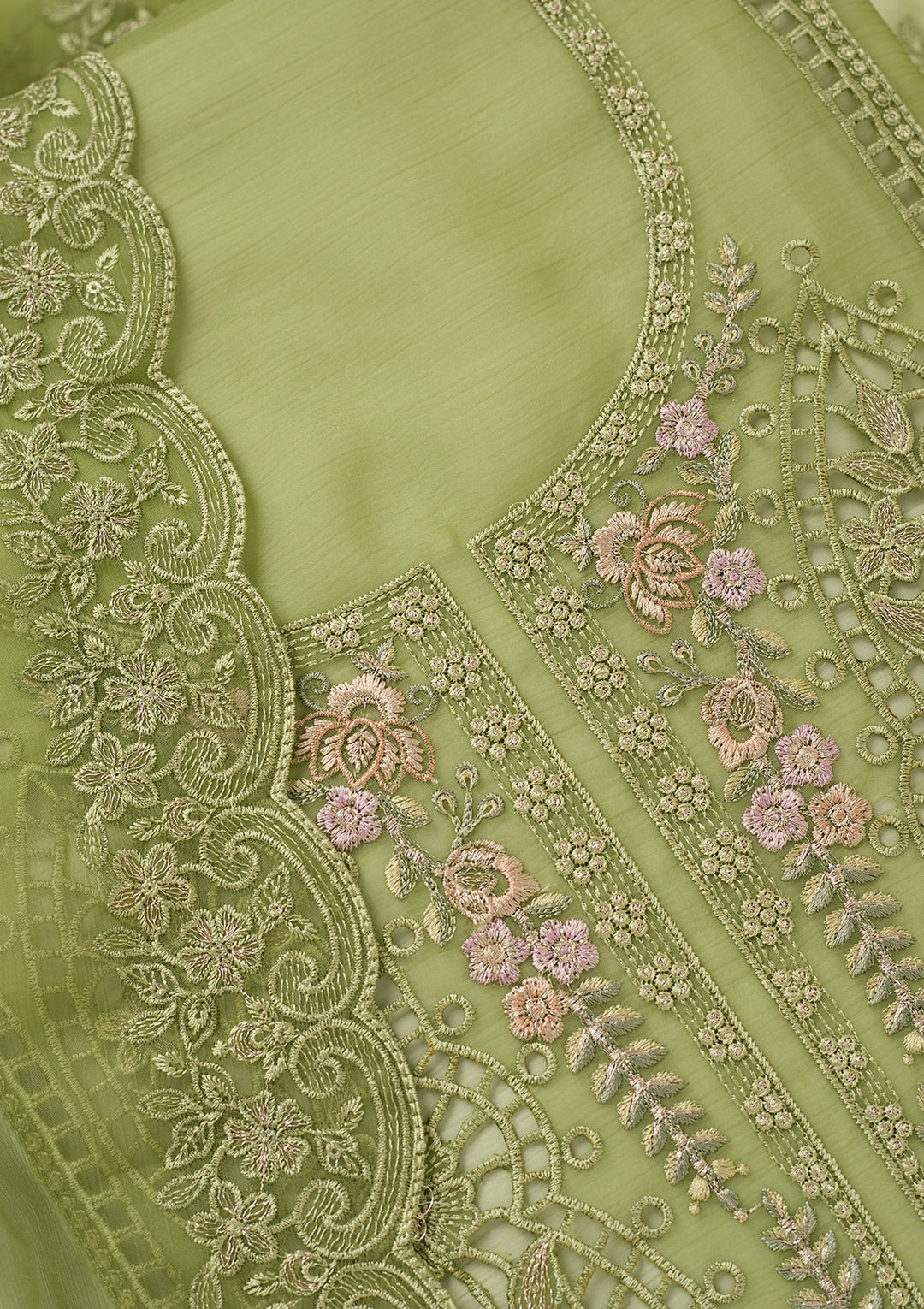 Green Threadwork Tissue Unstitched Salwar Suit