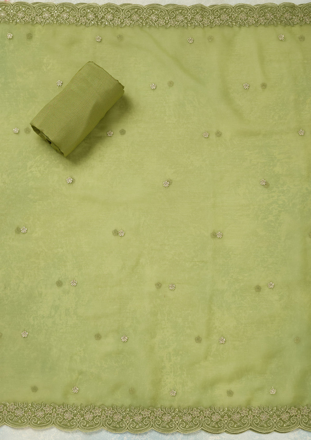 Green Threadwork Tissue Unstitched Salwar Suit