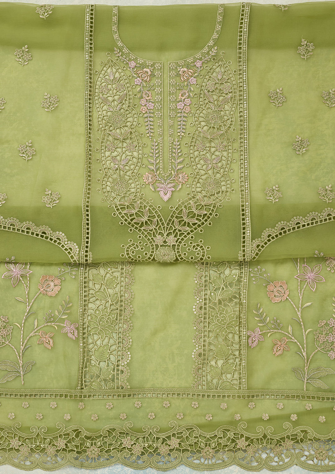 Green Threadwork Tissue Unstitched Salwar Suit