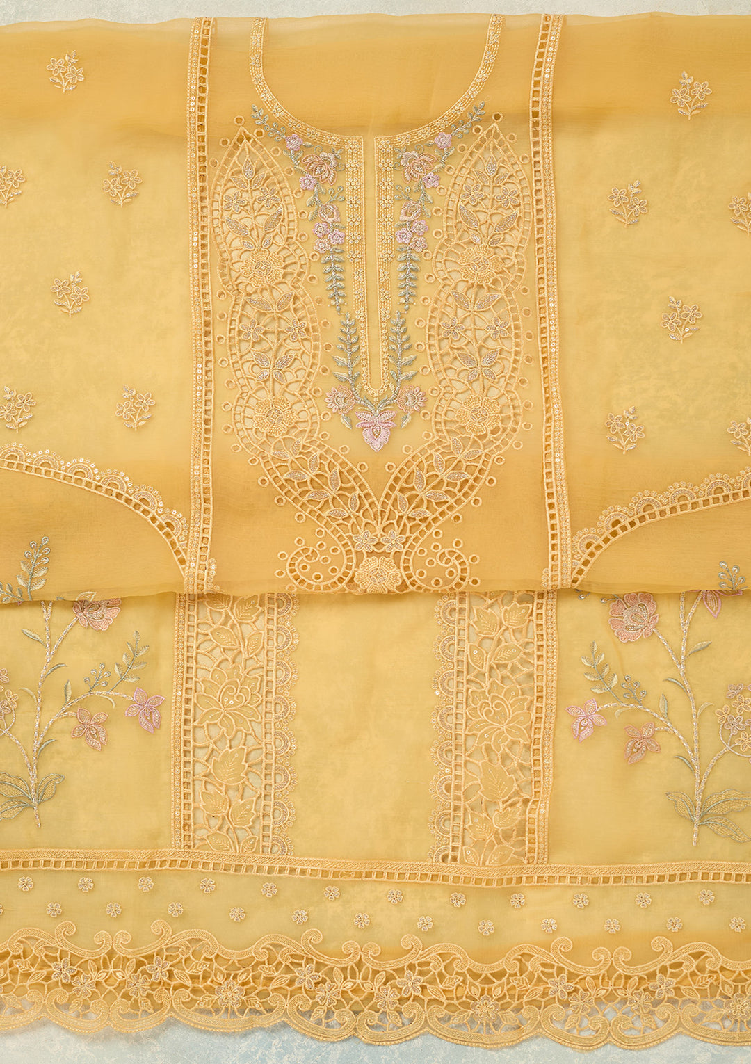 Yellow Threadwork Tissue Unstitched Salwar Suit