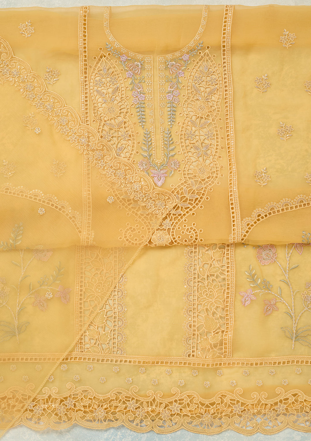 Yellow Threadwork Tissue Unstitched Salwar Suit