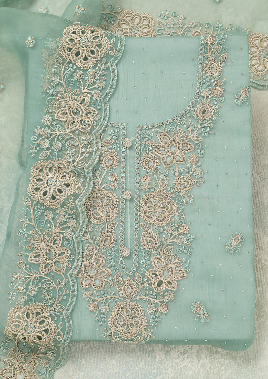 Sea Green Threadwork Tissue Unstitched Salwar Suit