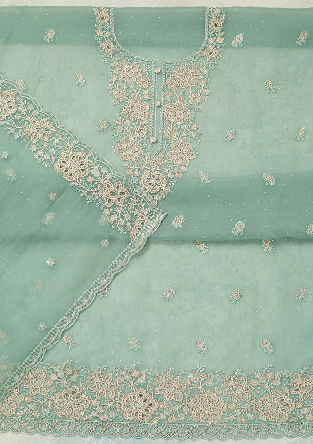 Sea Green Threadwork Tissue Unstitched Salwar Suit