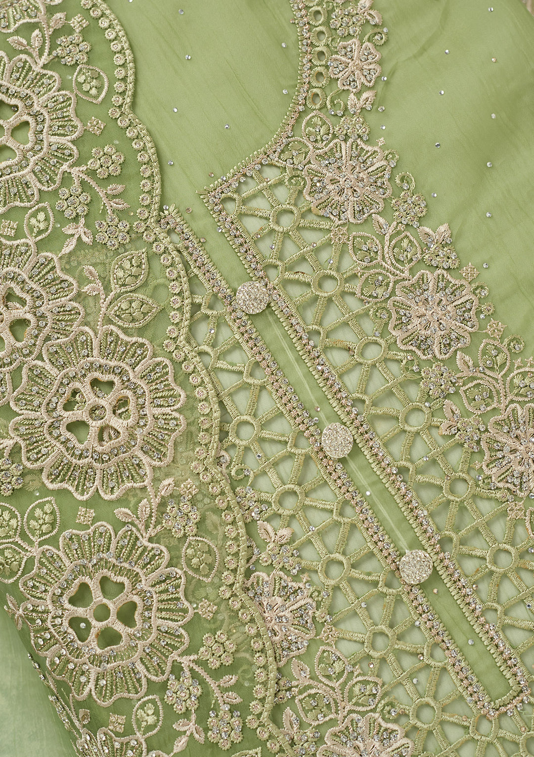 Pista Green Threadwork Tissue Unstitched Salwar Suit