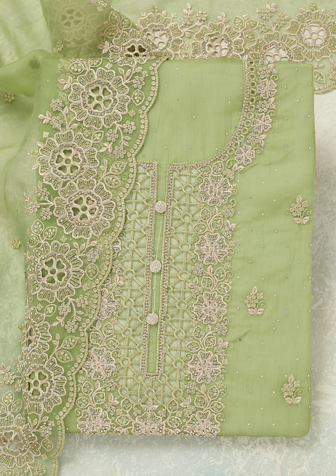 Pista Green Threadwork Tissue Unstitched Salwar Suit