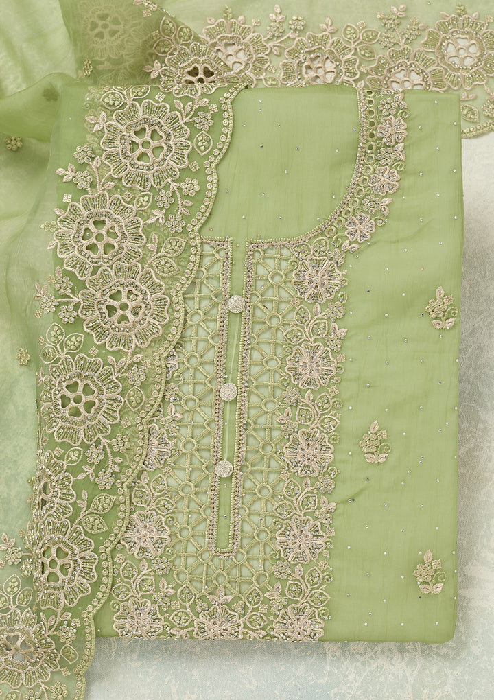 Pista Green Threadwork Tissue Unstitched Salwar Suit