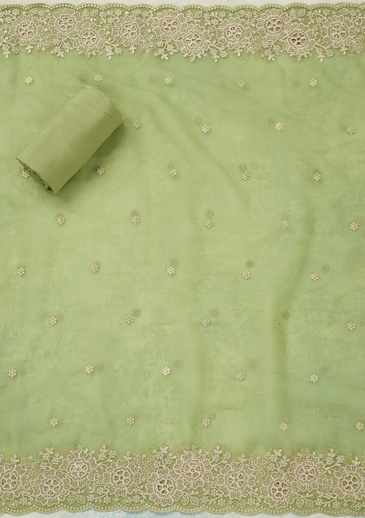 Pista Green Threadwork Tissue Unstitched Salwar Suit