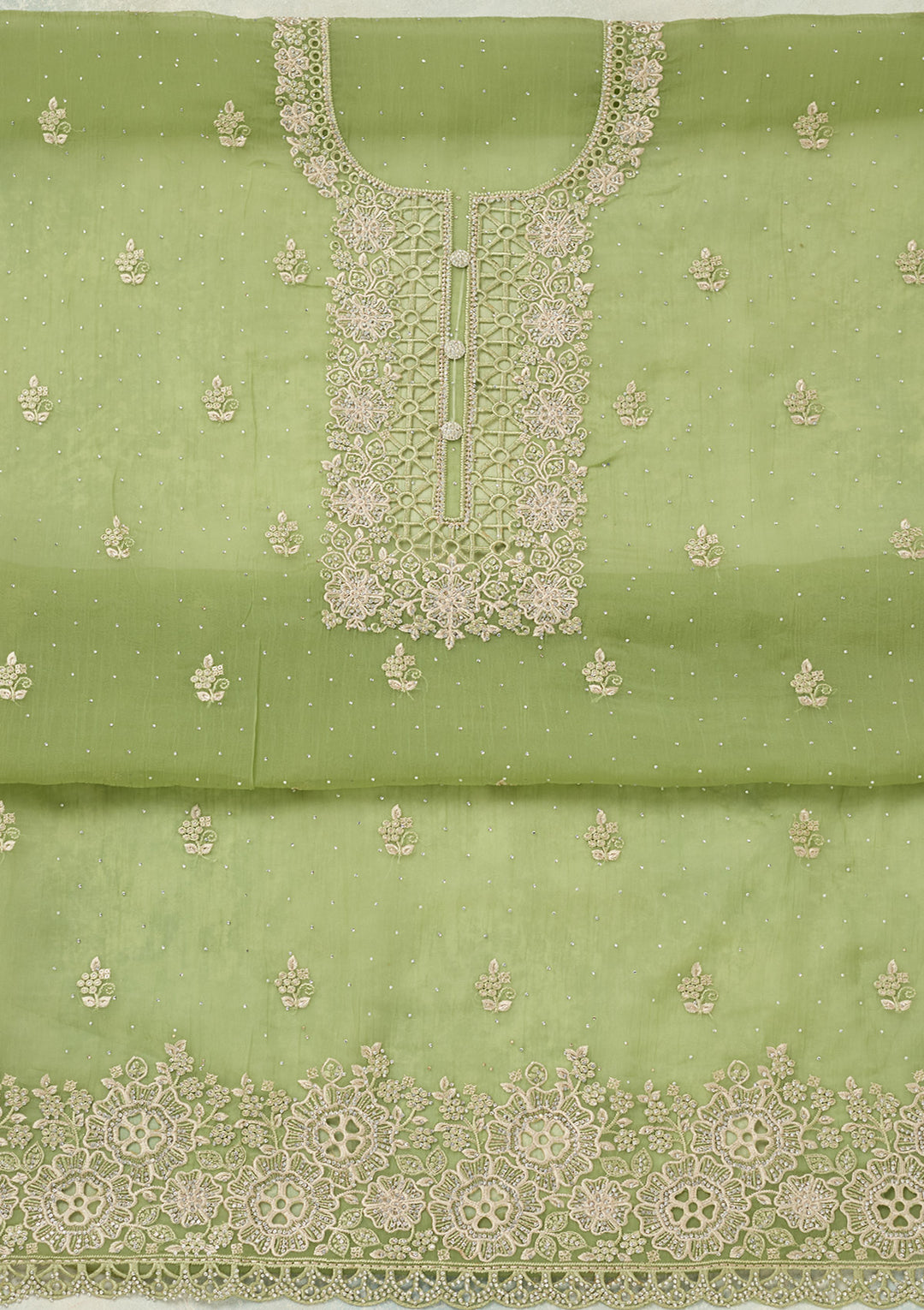 Pista Green Threadwork Tissue Unstitched Salwar Suit
