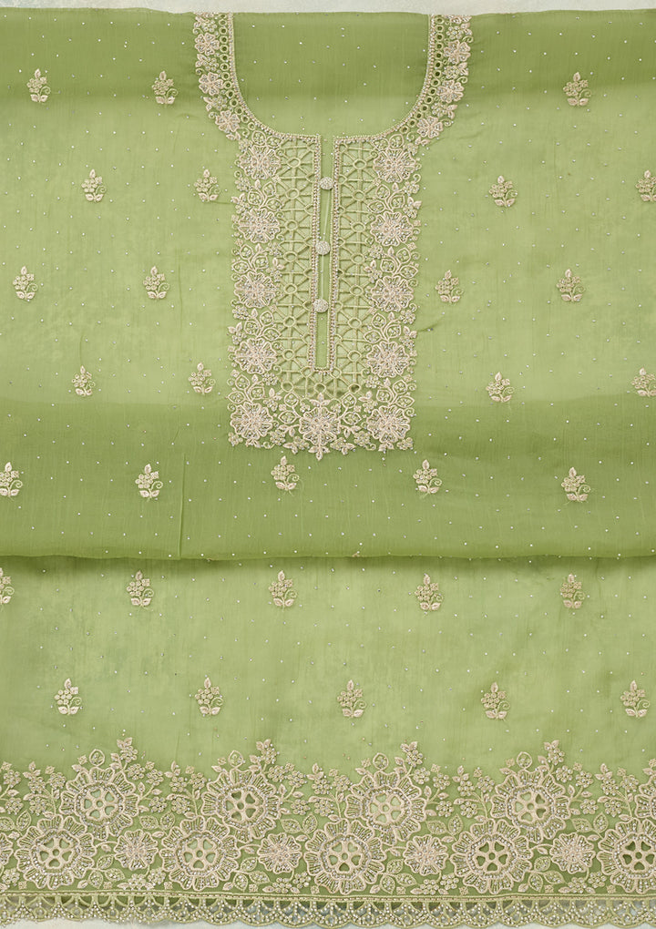 Pista Green Threadwork Tissue Unstitched Salwar Suit