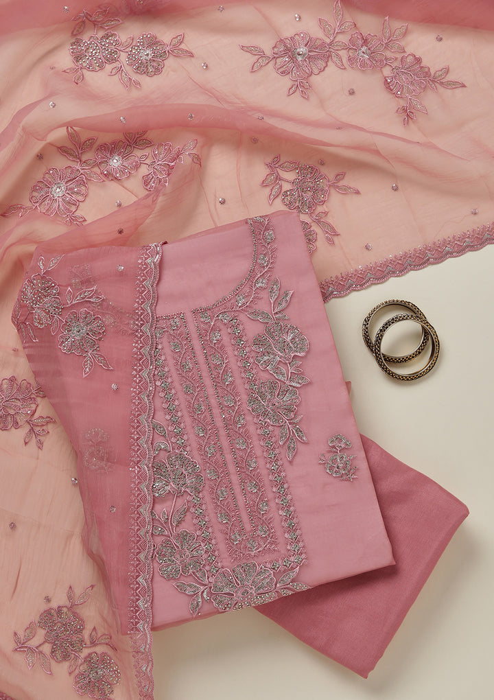 Onion Pink Threadwork Tissue Unstitched Salwar Suit