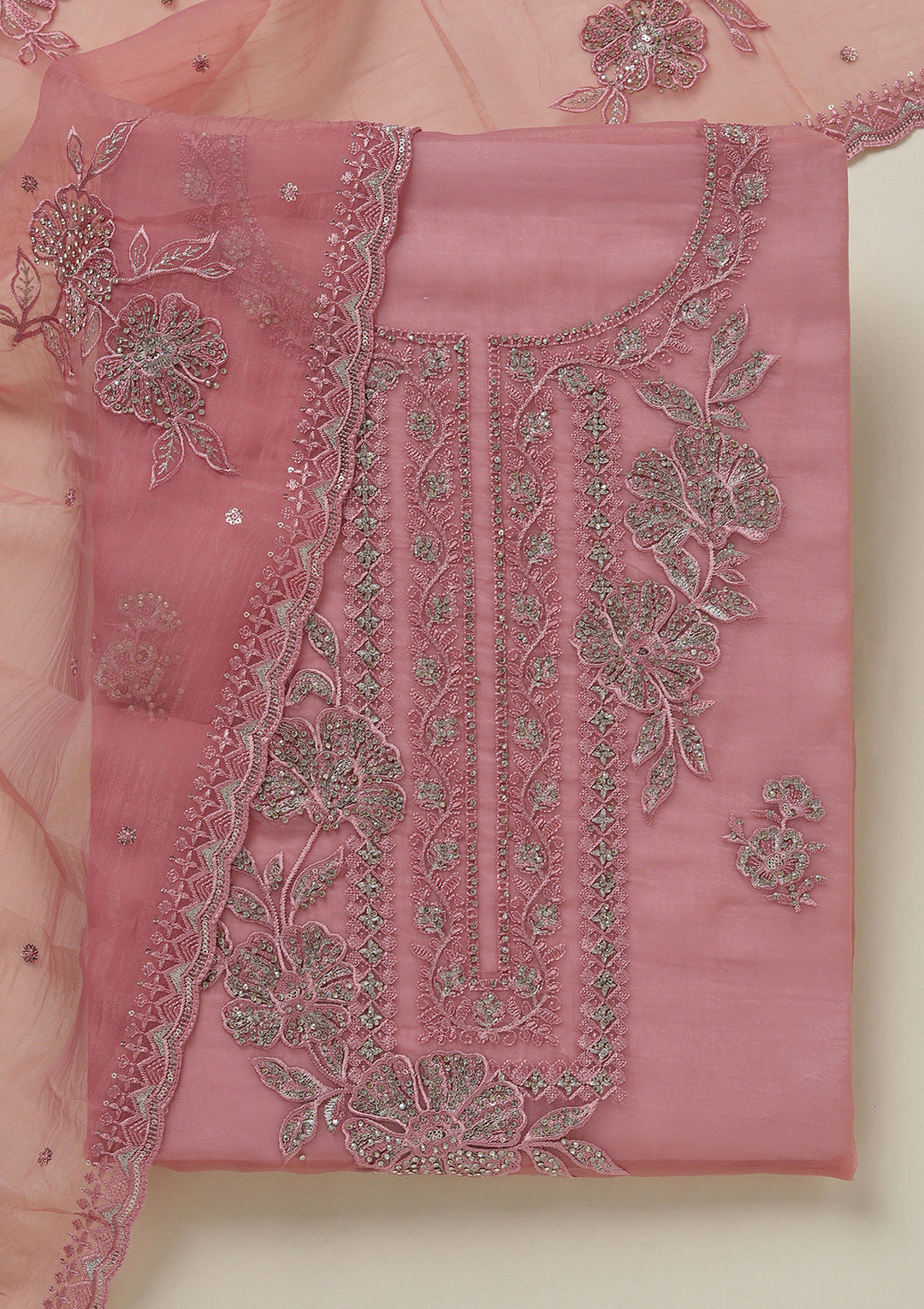 Onion Pink Threadwork Tissue Unstitched Salwar Suit