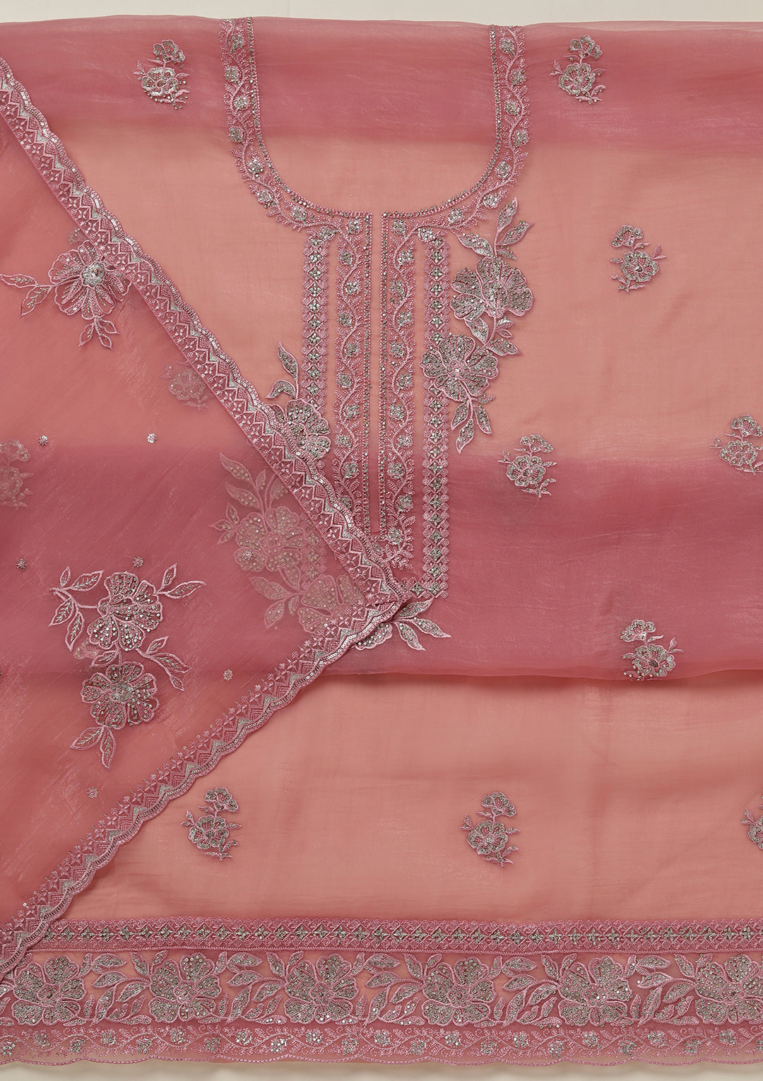 Onion Pink Threadwork Tissue Unstitched Salwar Suit