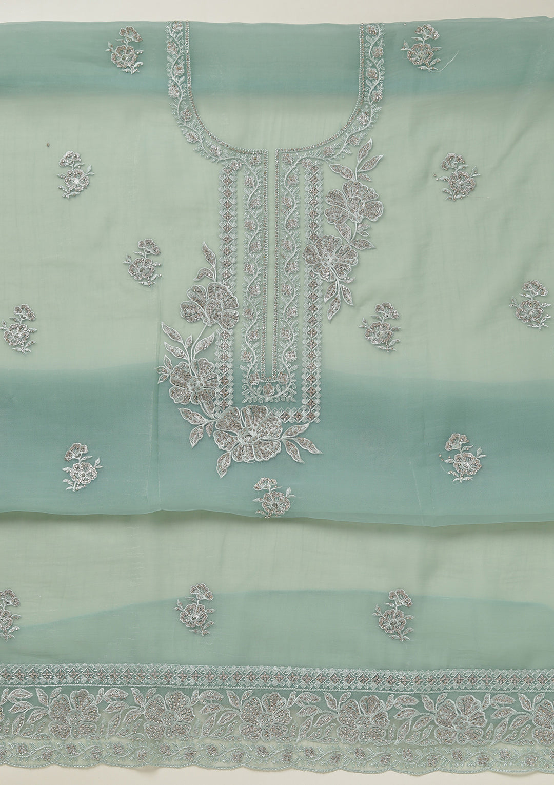 Sea Green Threadwork Tissue Unstitched Salwar Suit