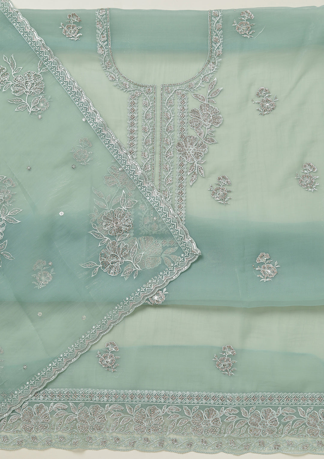 Sea Green Threadwork Tissue Unstitched Salwar Suit