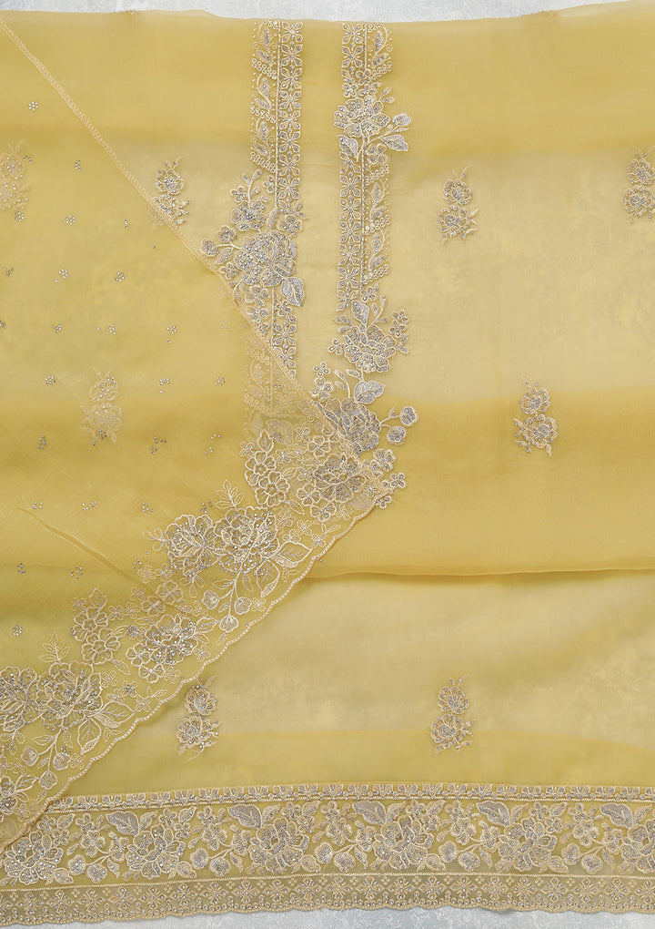 Yellow Threadwork Tissue Unstitched Salwar Suit