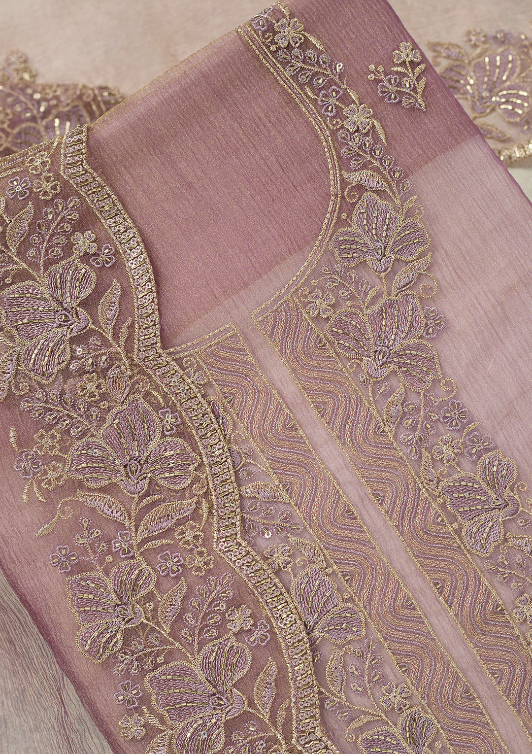 Lavender Threadwork Tissue Unstitched Salwar Suit