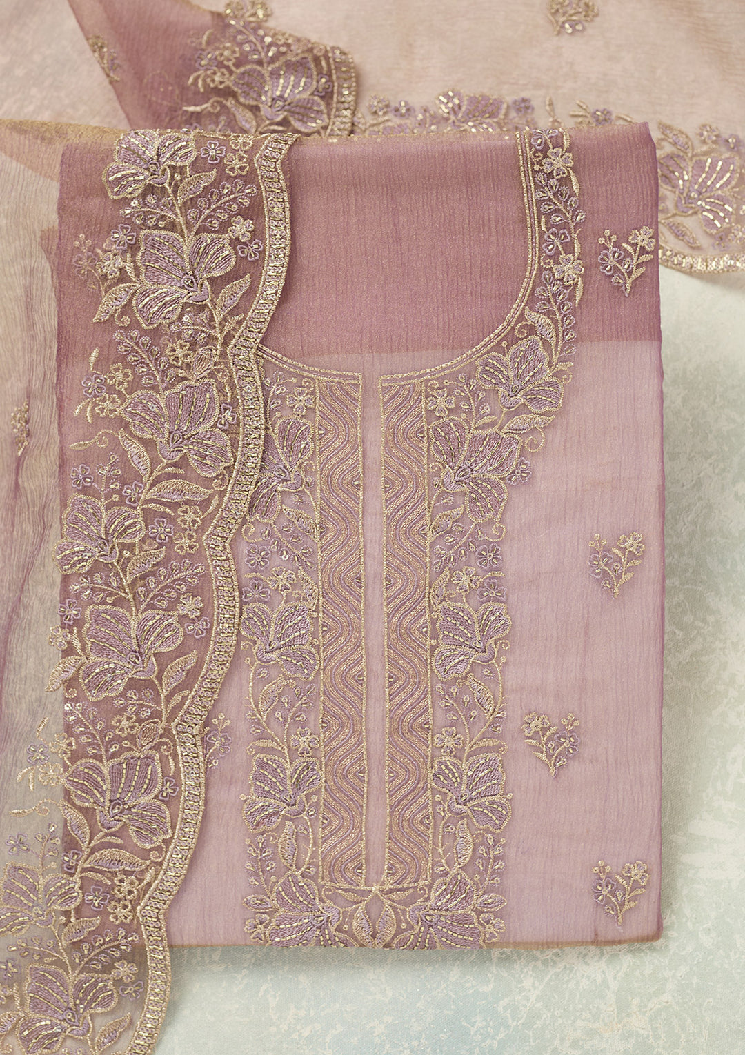 Lavender Threadwork Tissue Unstitched Salwar Suit
