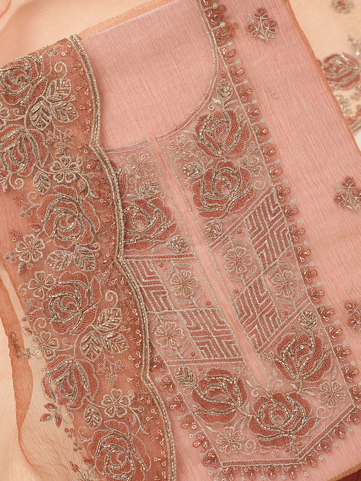 Rust Threadwork Tissue Unstitched Salwar Suit