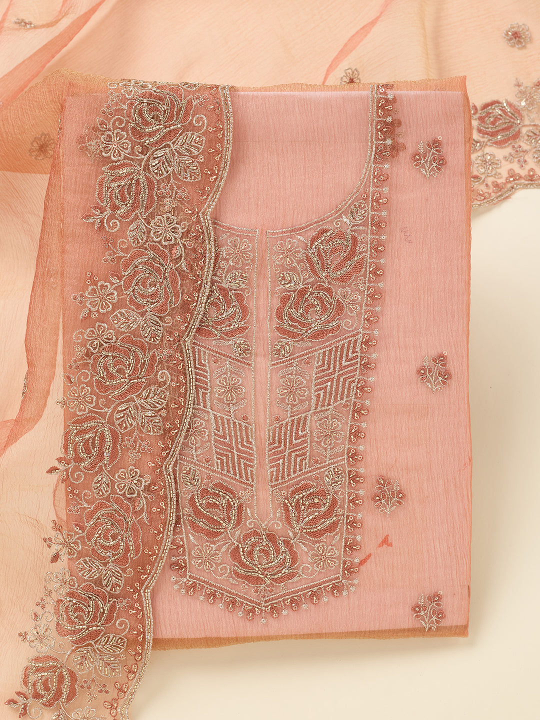 Rust Threadwork Tissue Unstitched Salwar Suit