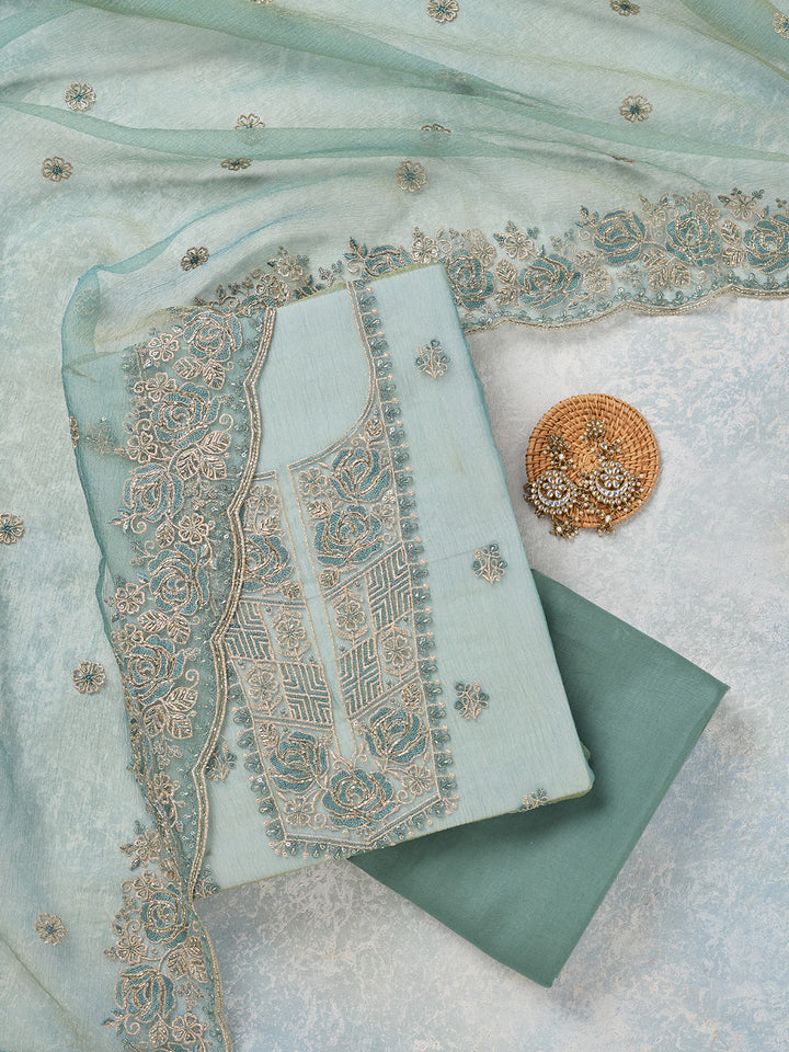 Sky Blue Threadwork Tissue Unstitched Salwar Suit